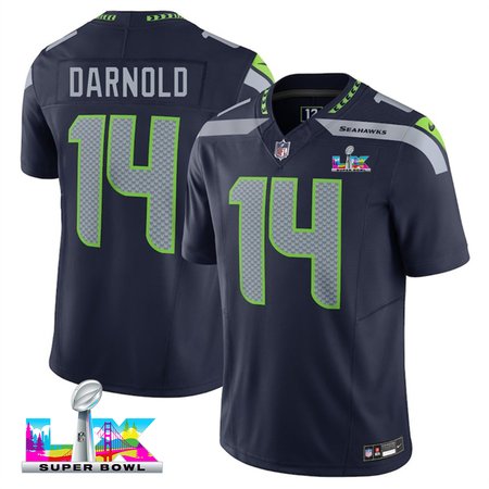Men's Seattle Seahawks #14 Sam Darnold Navy Super Bowl LX F.U.S.E. Vapor Limited Stitched Football Jersey Men's Seattle Seahawks #14 Sam Darnold Navy Super Bowl LX F.U.S.E. Vapor Limited Stitched Football Jersey