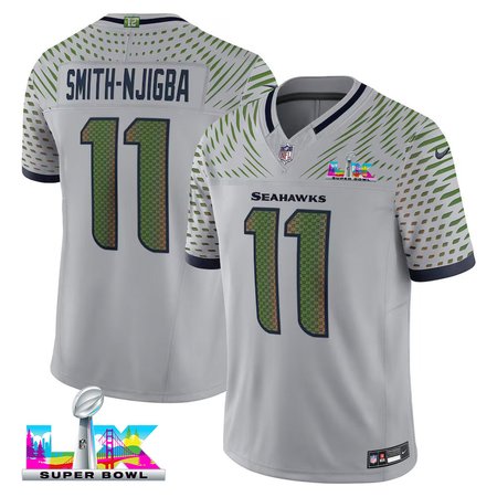 Men's Seattle Seahawks #11 Jaxon Smith-Njigba Gray Super Bowl LX Rivalries Collection F.U.S.E. Vapor Limited Stitched Football Jersey Men's Seattle Seahawks #11 Jaxon Smith-Njigba Gray Super Bowl LX Rivalries Collection F.U.S.E. Vapor Limited Stitched Football Jersey
