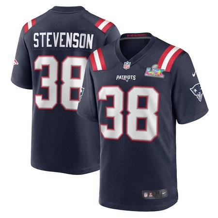 Men's New England Patriots #38 Rhamondre Stevenson Navy Super Bowl LX Patch Game Jersey