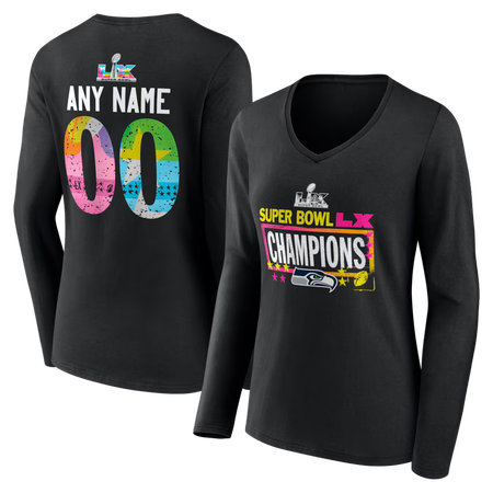 Women's Seattle Seahawks Black Super Bowl LX Champions Custom Long Sleeve V-Neck T-Shirt