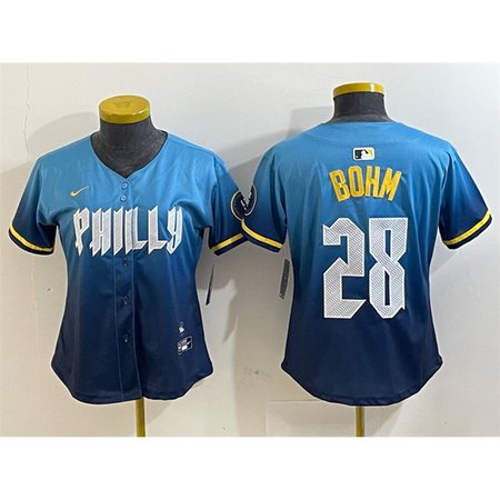 Women's Philadelphia Phillies #28 Alec Bohm Blue 2024 City Connect Limited Stitched Baseball Jersey Women's Philadelphia Phillies #28 Alec Bohm Blue 2024 City Connect Limited Stitched Baseball Jersey