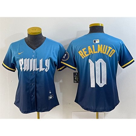 Women's Philadelphia Phillies #10 J.T. Realmuto Blue 2024 City Connect Limited Stitched Baseball Jersey Women's Philadelphia Phillies #10 J.T. Realmuto Blue 2024 City Connect Limited Stitched Baseball Jersey