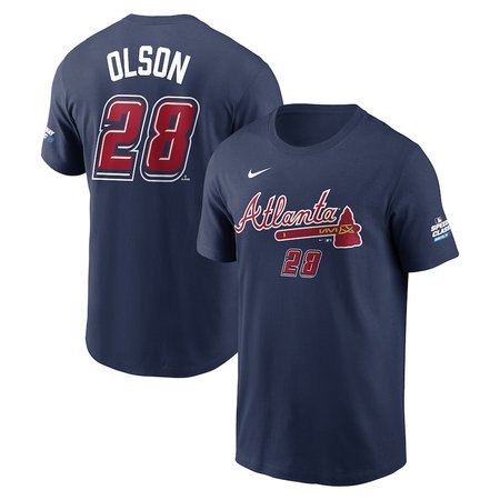 Men's Atlanta Braves #28 Matt Olson Nike Navy 2025 MLB Speedway Classic Name & Number T-Shirt