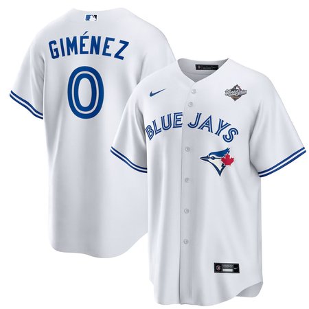 Men's Toronto Blue Jays #0 Andres Gimenez 2025 World Series White Home Replica Jersey