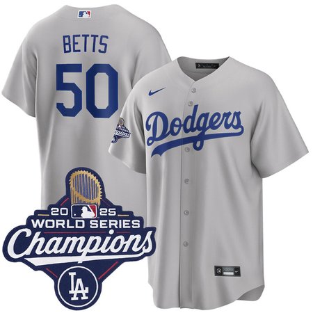 Men's Los Angeles Dodgers #50 Mookie Betts Nike Gray 2025 World Series Champions Home Replica Jersey