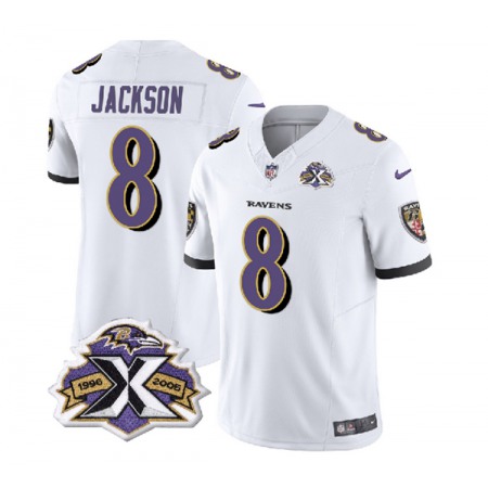 Men's Baltimore Ravens #8 Lamar Jackson White 2023 F.U.S.E With Patch Throwback Vapor Limited Jersey Men's Baltimore Ravens #8 Lamar Jackson White 2023 F.U.S.E With Patch Throwback Vapor Limited Jersey